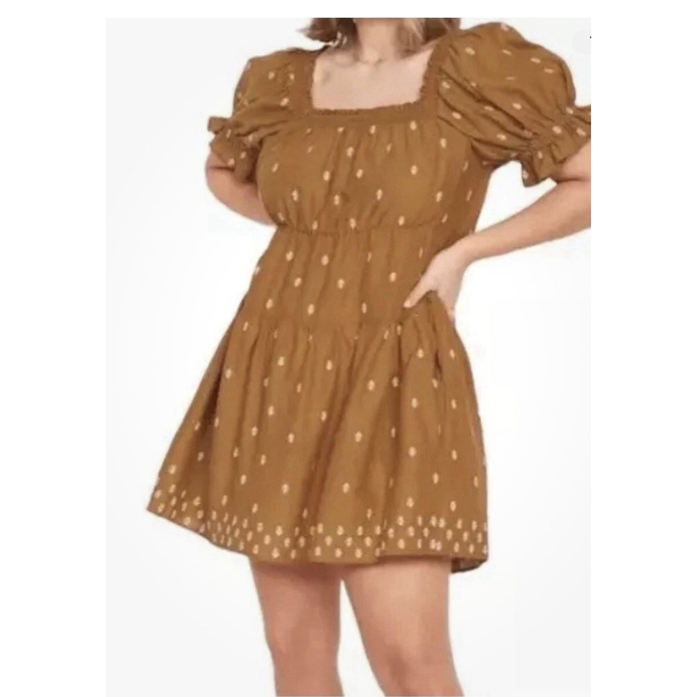 Old Navy Women Embroidered Puff Sleeve Mini Swing Dress Mustard Yellow Small